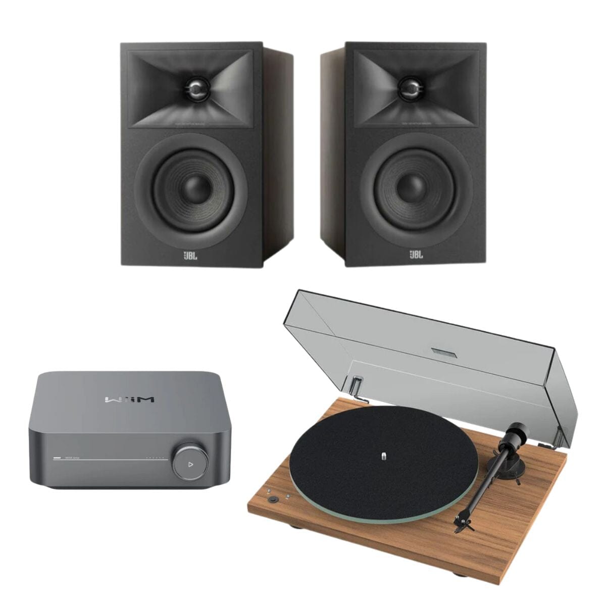 WiiM AMP + Pro-Ject T1 Phono SB + JBL Stage Bookshelf Speakers - K&B Audio