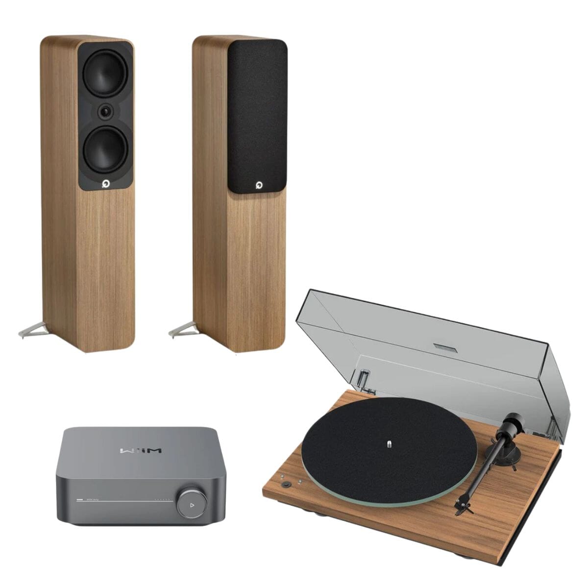 WiiM AMP + Pro-Ject T1 Phono SB + Q Acoustics 5000 Series Floorstanding Speakers Turntable Bundles WiiM 5050 Oak Walnut